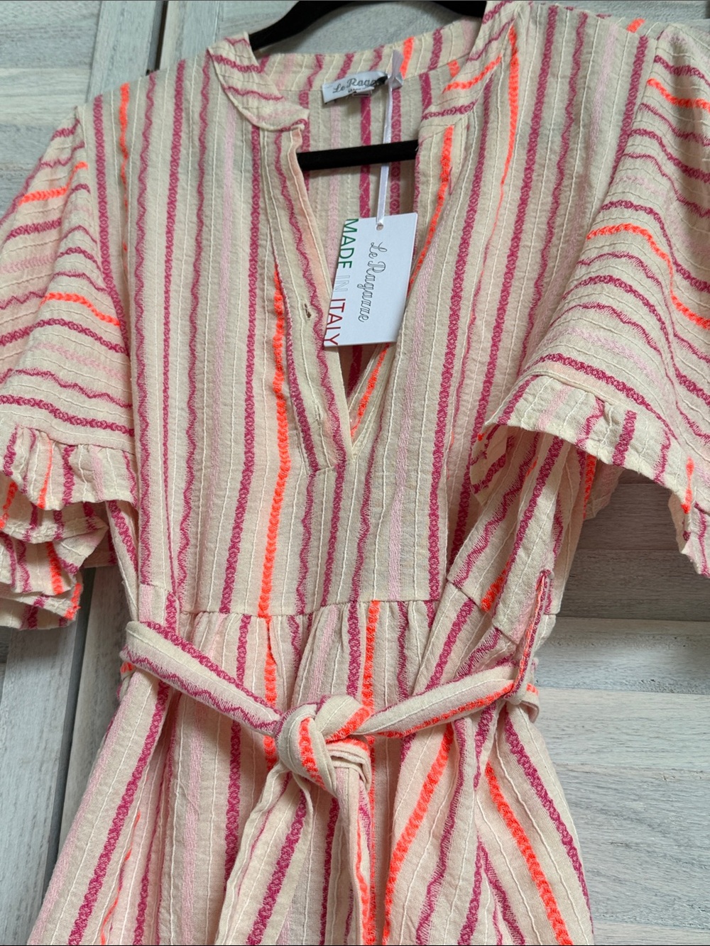 Stripe V-Neck Belted Dress in Pink & Cream